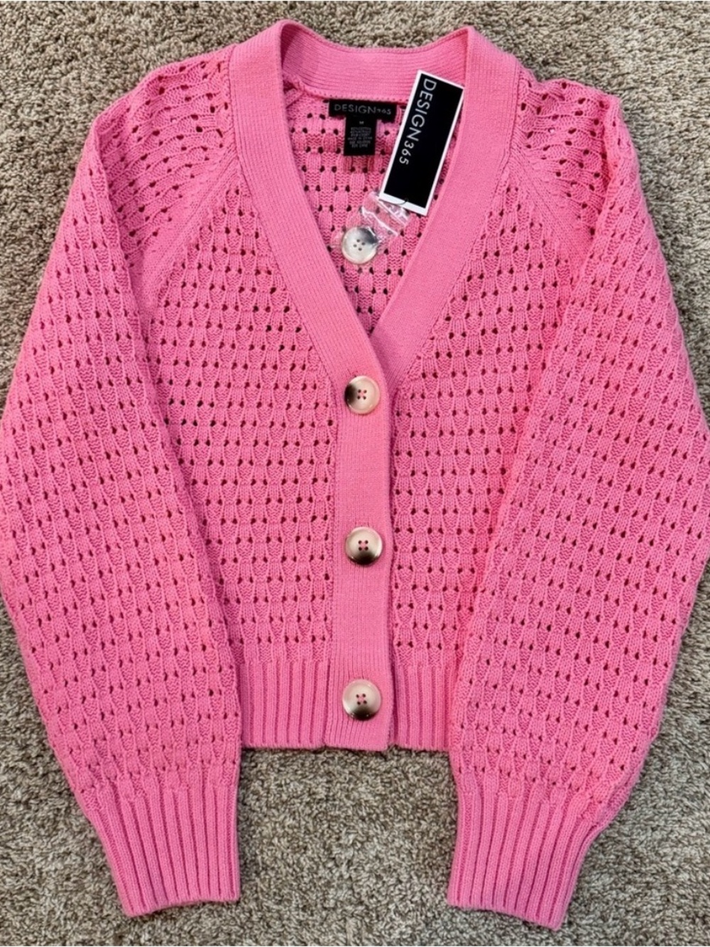 Design 365 Pink Open-Knit Crochet Button-Front Cardigan